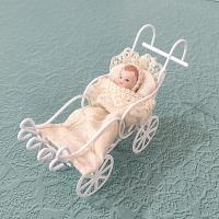 Vintage Victorian Lace Doll House Baby Carriage, Miniature Baby with White Metal Stroller Christmas Tree Ornament