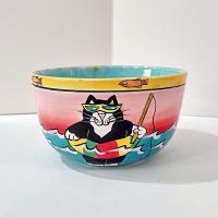 Vintage Candace Reiter Catzilla Fishing Swimming Snorkeling Cats Ceramic Bowl, Whimsical Cat All Purpose Bowl