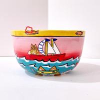Vintage Candace Reiter Catzilla Fishing Swimming Snorkeling Cats Ceramic Bowl, Whimsical Cat All Purpose Bowl