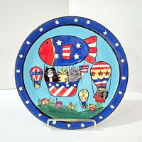 Vintage Candace Reiter Catzilla Hot Air Balloon Stars and Stripes Cats Ceramic Plate, Whimsical Patriotic Cat 8 Inch Plate