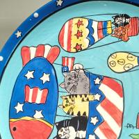 Vintage Candace Reiter Catzilla Hot Air Balloon Stars and Stripes Cats Ceramic Plate, Whimsical Patriotic Cat 8 Inch Plate