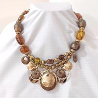 Vintage Brown and Amber Beaded, Gold Tone Rings and Bangles Chico's Statement Necklace, Adjustable 16" to 20"