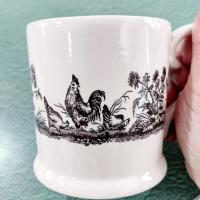 Vintage Black and White Toile Rooster, Chicken, Ducks, and Flowers Ceramic Coffee Mug