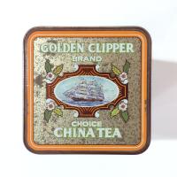 Vintage Golden Clipper Choice China Tea Hinged Lid Tin Storage Box, 1950's Tea Tin with Ship Design made in England