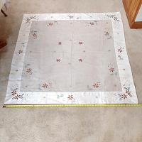 Vintage Hand Embroidered Square Holiday Christmas Tablecloth with Holly, Flower, and Star Design