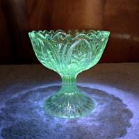 Antique Footed Cut Crystal Glass Compote, Vintage UV Reactive Glowing Glass Bowl