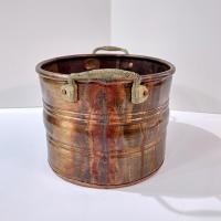 Vintage Patinaed Oval Copper Jardiniere Planter Pot with Brass Handles, Turkish Copper Vessel