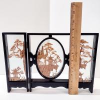 Vintage Chinese Cork Carving Folding 3 Panel Tabletop Diorama, 1970s Asian Art Screen