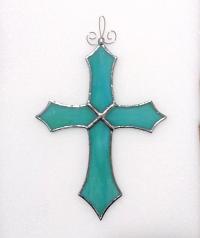 Stained Glass Cross Suncatcher, Aqua Blue Swirl