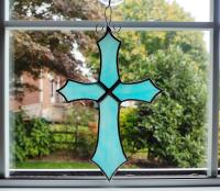 Stained Glass Cross Suncatcher, Blue and White Swirl