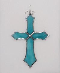 Stained Glass Cross Suncatcher, Blue and White Swirl