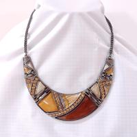 Vintage Enamel and Rhinestone Crescent Moon Metal Necklace, Brown and Amber Earth Tone Statement Necklace