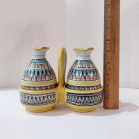 Vintage Italian Hand-Painted Ceramic Cruet Set, Oil and Vinegar Pitchers with Holder