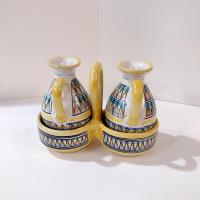 Vintage Italian Hand-Painted Ceramic Cruet Set, Oil and Vinegar Pitchers with Holder