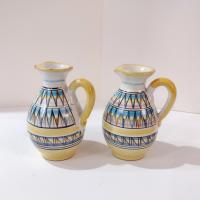 Vintage Italian Hand-Painted Ceramic Cruet Set, Oil and Vinegar Pitchers with Holder