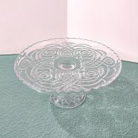 Antique Bryce Higbee Curlicue 9 1/2 In Clear Pressed Glass Pedestal Cake Stand with Scalloped Lip, Vintage EAPG Pastry Dessert Display Plate