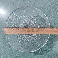 Antique Bryce Higbee Curlicue 9 1/2 In Clear Pressed Glass Pedestal Cake Stand with Scalloped Lip, Vintage EAPG Pastry Dessert Display Plate