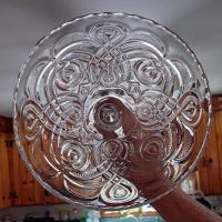Antique Bryce Higbee Curlicue 9 1/2 In Clear Pressed Glass Pedestal Cake Stand with Scalloped Lip, Vintage EAPG Pastry Dessert Display Plate