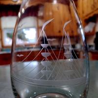 Vintage Etched Glass Ships Wine Decanter with Stopper, Nautical Barware
