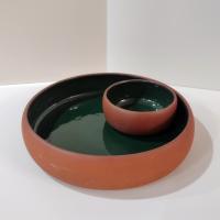 Vintage Terra Cotta and Green Ceramic Chip and Dip Bowl, Bortner and Bortner LTD Pottery