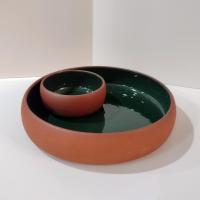 Vintage Terra Cotta and Green Ceramic Chip and Dip Bowl, Bortner and Bortner LTD Pottery