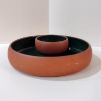 Vintage Terra Cotta and Green Ceramic Chip and Dip Bowl, Bortner and Bortner LTD Pottery