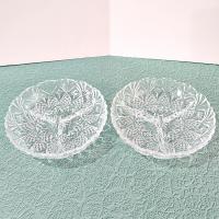 Vintage Clear Pressed Glass Divided 3 Section Sauce Relish Bowls, Set of 2, Pineapple and Crisscross Design