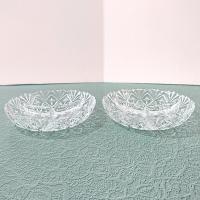 Vintage Clear Pressed Glass Divided 3 Section Sauce Relish Bowls, Set of 2, Pineapple and Crisscross Design