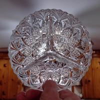 Vintage Clear Pressed Glass Divided 3 Section Sauce Relish Bowls, Set of 2, Pineapple and Crisscross Design