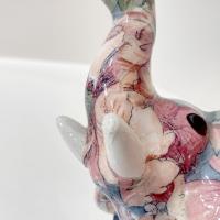 Vintage Joan Baker Porcelain Patchworks Floral Decoupage Elephant Figurine, Good Luck Trunk Up Elephant