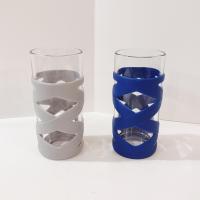 Vintage Ello Tallboy Glasses, Set of Two, Silicone Sleeve Bumper Glasses, Blue and Grey Ello 16 ounce Easy Grip Non-Slip Glasses