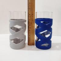 Vintage Ello Tallboy Glasses, Set of Two, Silicone Sleeve Bumper Glasses, Blue and Grey Ello 16 ounce Easy Grip Non-Slip Glasses