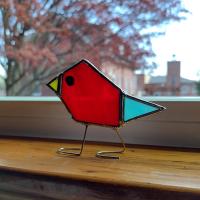 Stained Glass Standing Bird, Funky Red and Blue Glass Bird Suncatcher