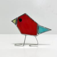 Stained Glass Standing Bird, Funky Red and Blue Glass Bird Suncatcher