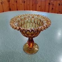 Vintage Fenton Amber Thumbprint Crimped Edge Glass Compote