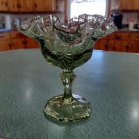 Vintage Fenton Sea Mist Green Empress Ruffled Glass Compote