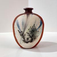 Vintage Small Terra Cotta Bud Vase with Blue and White Fern Plant Design, Hand Crafted Studio Pottery