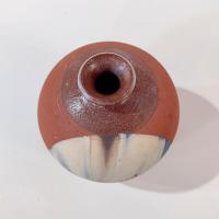 Vintage Small Terra Cotta Bud Vase with Blue and White Fern Plant Design, Hand Crafted Studio Pottery