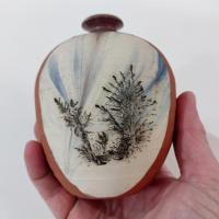 Vintage Small Terra Cotta Bud Vase with Blue and White Fern Plant Design, Hand Crafted Studio Pottery