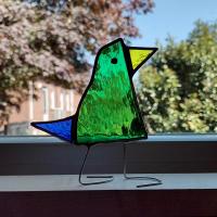 Stained Glass Standing Bird, Funky Green Glass Bird Suncatcher, Bird Lover Gift