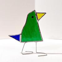 Stained Glass Standing Bird, Funky Green Glass Bird Suncatcher, Bird Lover Gift