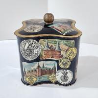 Vintage West Germany Biscuit Tin: World Monuments Design, Decorative Clover Shaped Metal Storage Container Box