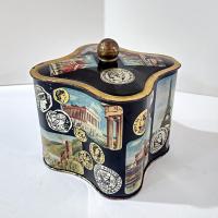 Vintage West Germany Biscuit Tin: World Monuments Design, Decorative Clover Shaped Metal Storage Container Box