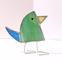 Stained Glass Standing Bird, Funky Green and Blue Glass Bird Suncatcher, Bird Lover Gift, Windowsill Sitter