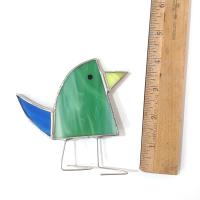 Stained Glass Standing Bird, Funky Green and Blue Glass Bird Suncatcher, Bird Lover Gift, Windowsill Sitter