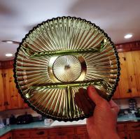 Vintage Indiana Glass Green 4 Section Relish Dish, Olive Green Divided Glass Tray