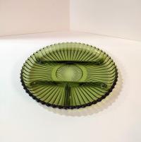 Vintage Indiana Glass Green 4 Section Relish Dish, Olive Green Divided Glass Tray