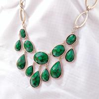 Vintage Green and Black Cabochon Bib Statement Necklace, Gold Tone Green Teardrop Dangle Necklace