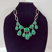 Vintage Green and Black Cabochon Bib Statement Necklace, Gold Tone Green Teardrop Dangle Necklace