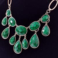 Vintage Green and Black Cabochon Bib Statement Necklace, Gold Tone Green Teardrop Dangle Necklace